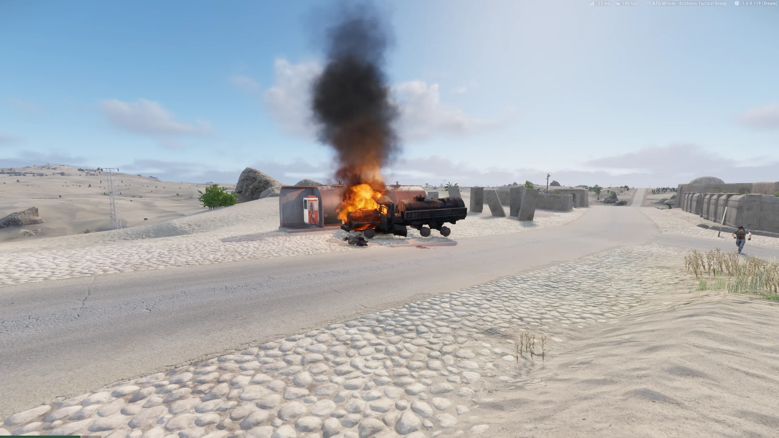 burning fuel truck near a fuel depo