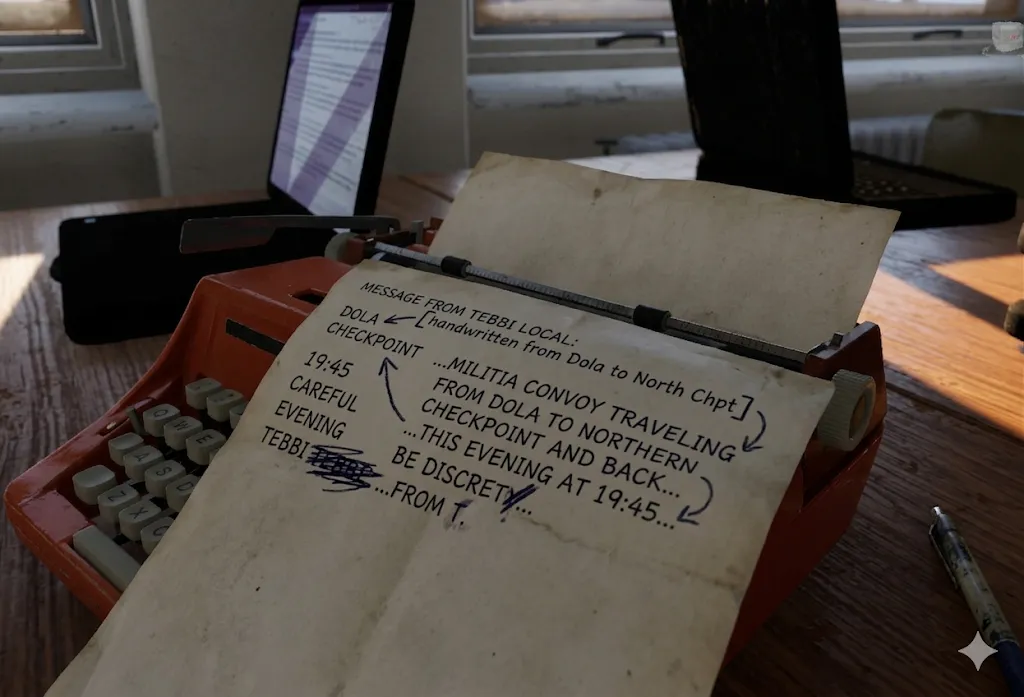 a translated message on a piece of paper lying on top of a typewriter