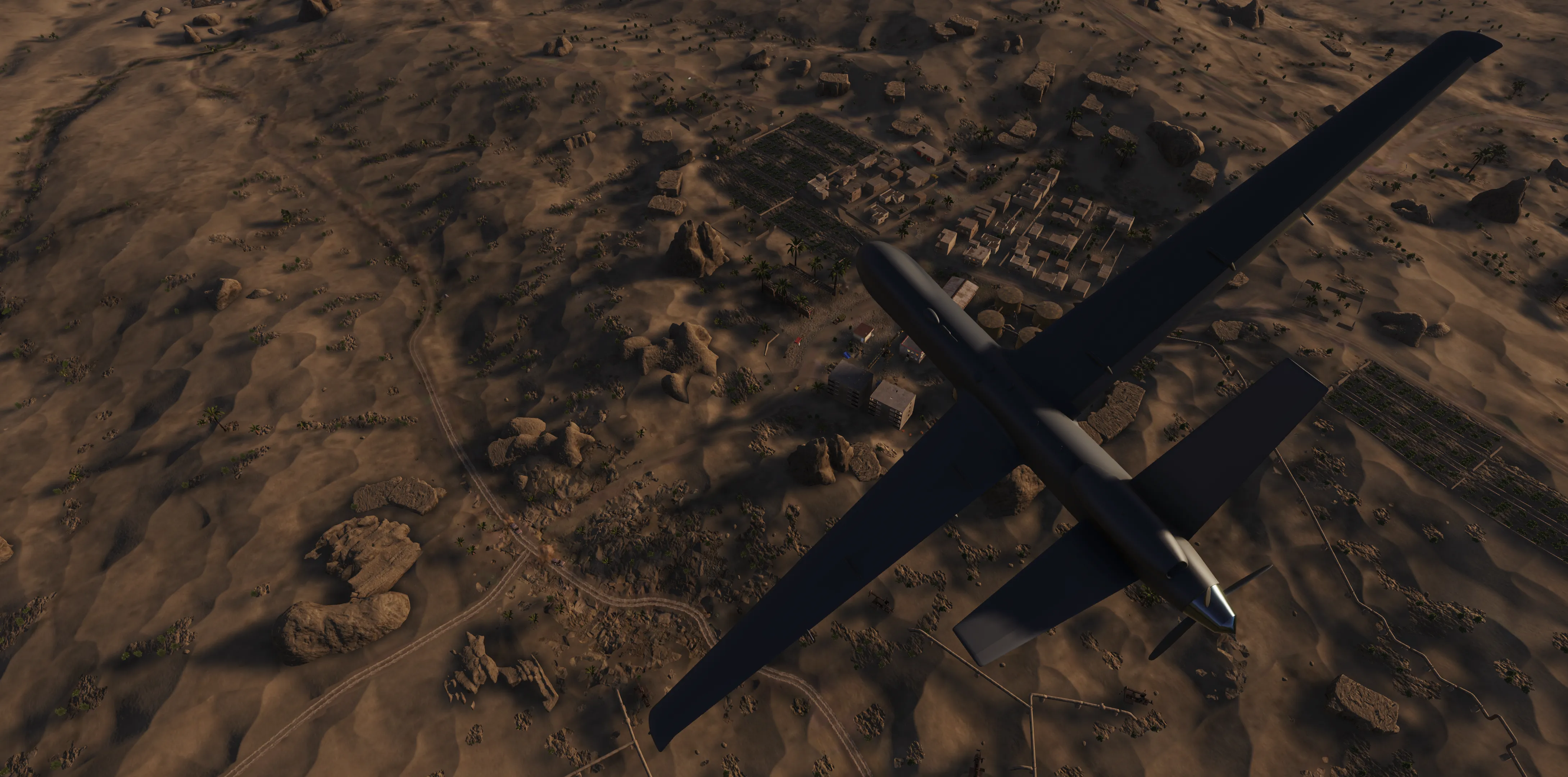 A predator drone circling a down in a desert country